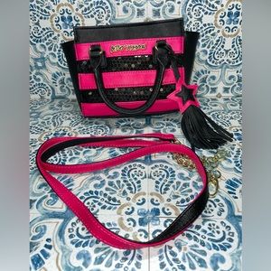 Betsey Johnson Pink & Black Striped Compartment Satchel